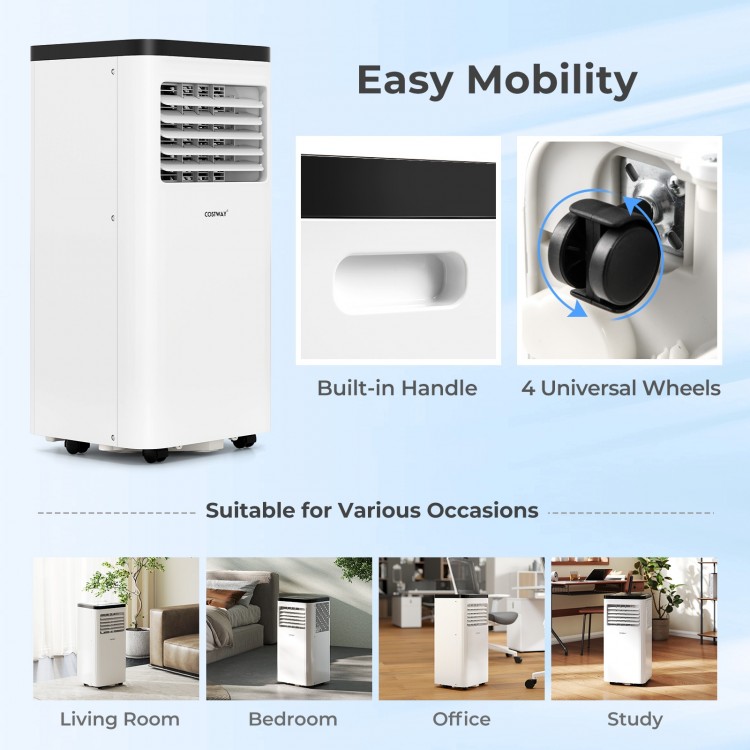 Portable 10000 BTU air conditioner with 4 wheels, suitable for large rooms, featuring a digital panel and remote.