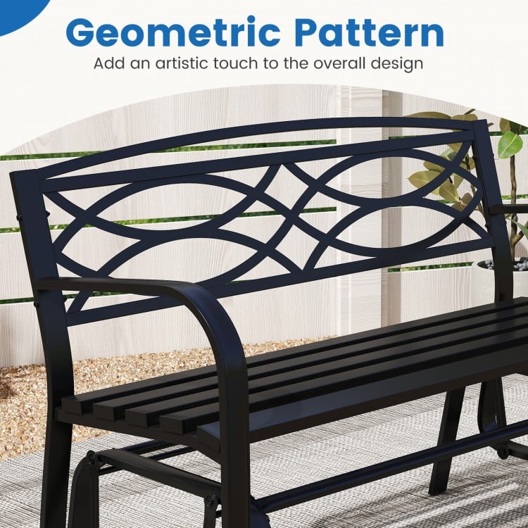 Geometric pattern detail of the 2-person outdoor glider bench with a sturdy black metal frame for patio relaxation.