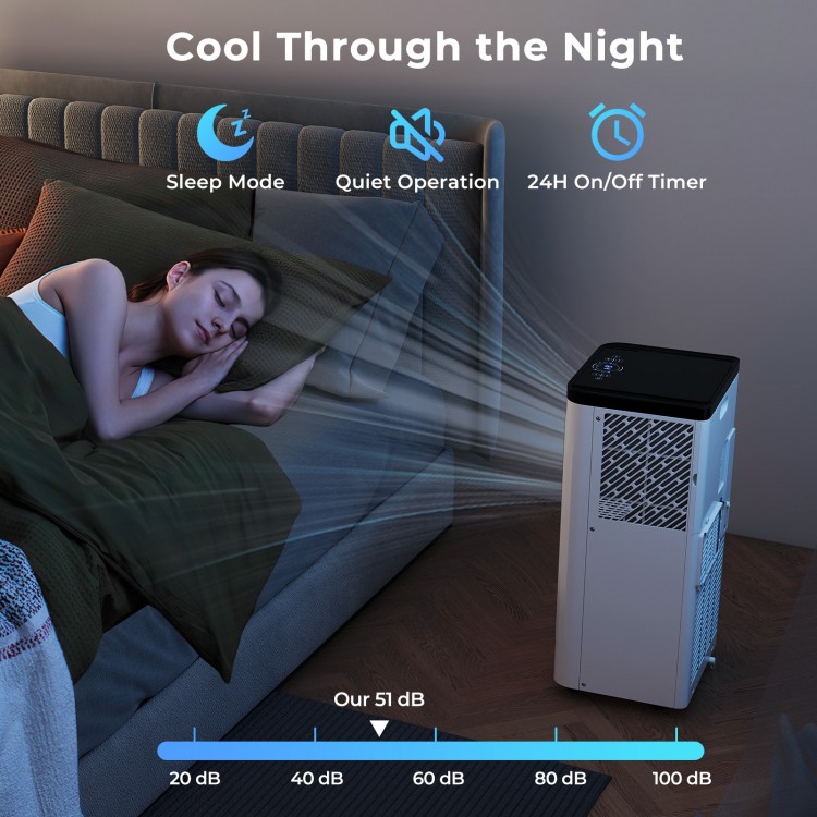Portable 10000 BTU air conditioner with quiet sleep mode, digital control, and 24H timer for large rooms up to 450 sq.