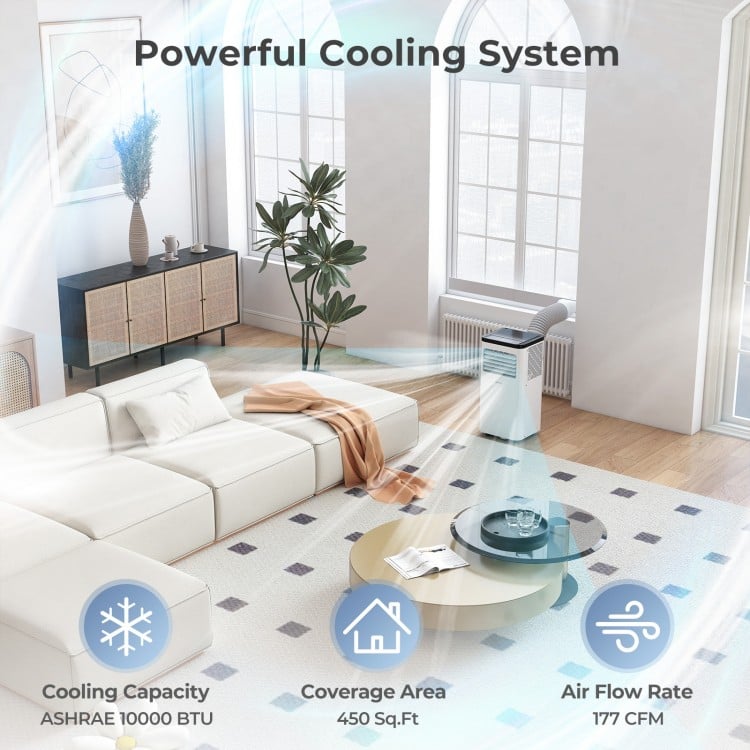 10000 BTU portable air conditioner in a modern living room, designed for spaces up to 450 sq. ft. with remote control.