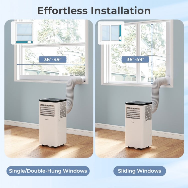 Installation guide for the 10000 BTU Portable Air Conditioner, fitting single/double-hung and sliding windows 36"-49".