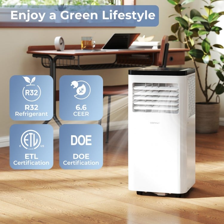 Portable 10000 BTU air conditioner with digital control, 6.6 CEER, and R32 refrigerant for efficient cooling in large.