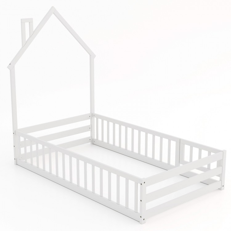 Twin size Montessori floor bed in white with house shape, lockable door, and full-length guardrails for safe sleeping.
