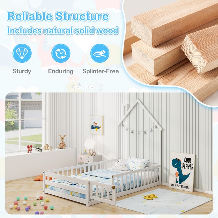 Twin size Montessori floor bed in white with solid wood construction, full-length guardrails, and creative house design.