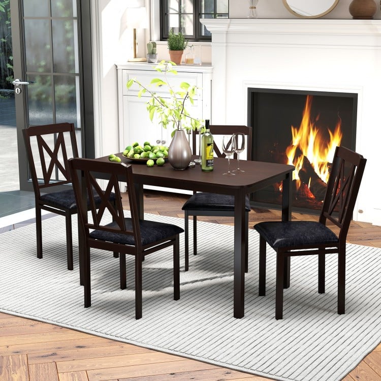 5-piece dining table set featuring a solid rubber wood frame and upholstered chairs, perfect for elegant dining spaces.