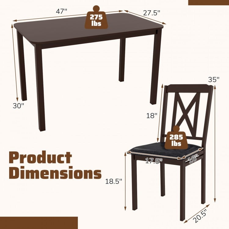 Dimensions of the 5-piece dining table set with rubber wood legs, featuring a wide tabletop and ergonomic chairs.