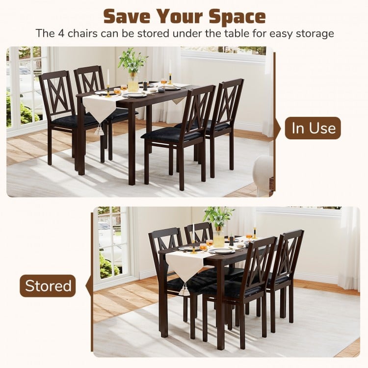 5-piece dining table set featuring a wide tabletop and rubber wood legs, with chairs stored underneath for space-saving.