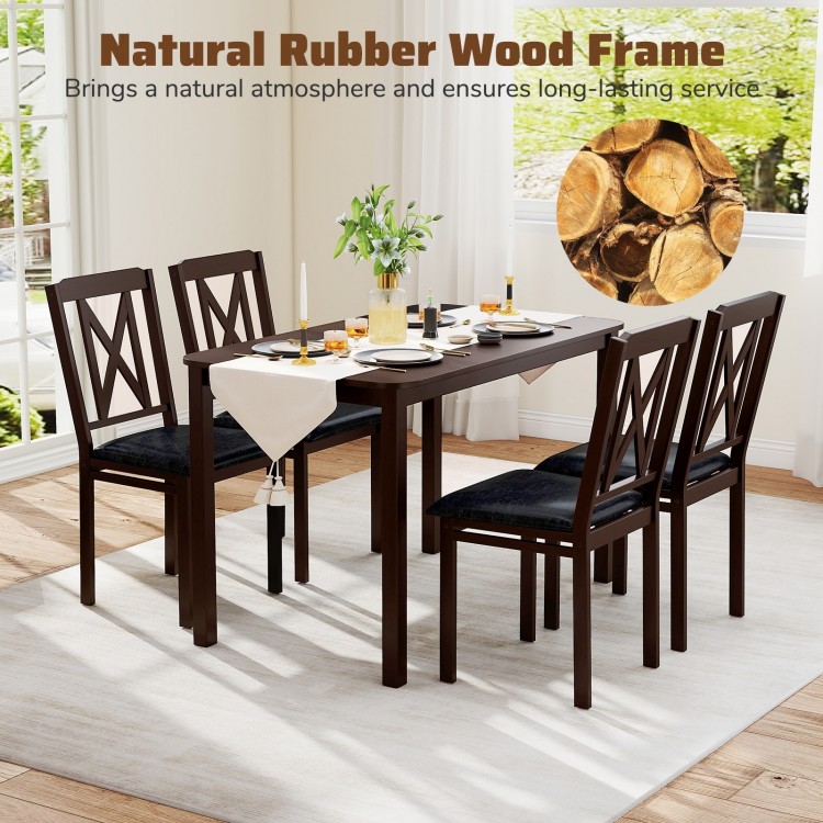 5-piece dining table set featuring a solid rubber wood frame and padded PU leather chairs, perfect for elegant dining.