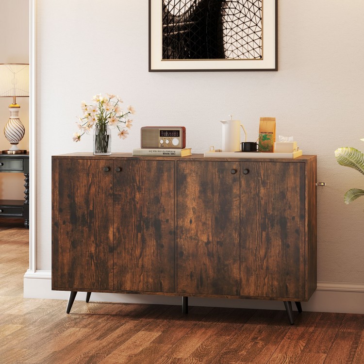 Mid-century modern rustic brown buffet sideboard with 4 doors and adjustable shelves for stylish storage.