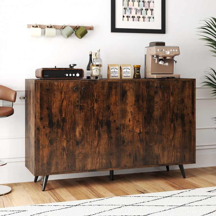 Mid-century modern buffet sideboard in rustic brown with 4 doors and adjustable shelves for versatile storage solutions.