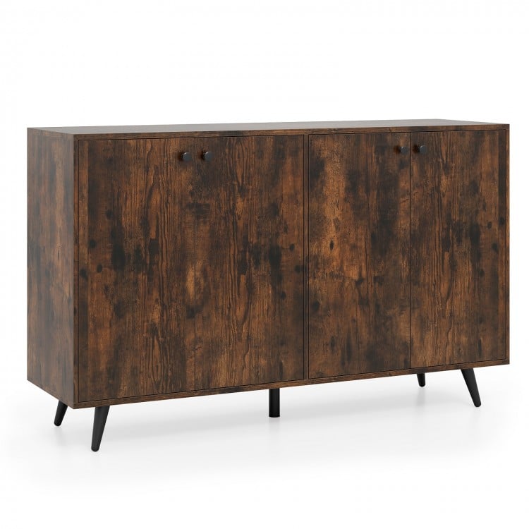 Mid-century modern buffet sideboard in rustic brown with four doors and adjustable shelves for versatile storage.