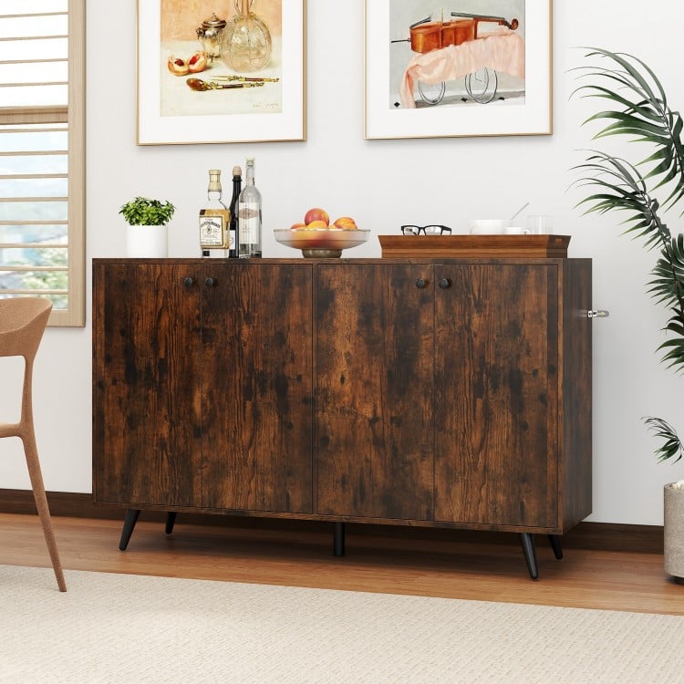 Mid-century modern buffet sideboard in rustic brown with 4 doors and adjustable shelves for versatile storage.
