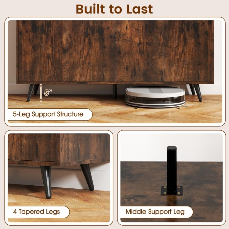 Buffet sideboard with a rustic brown finish, featuring a 5-leg support structure and adjustable shelves for versatile.