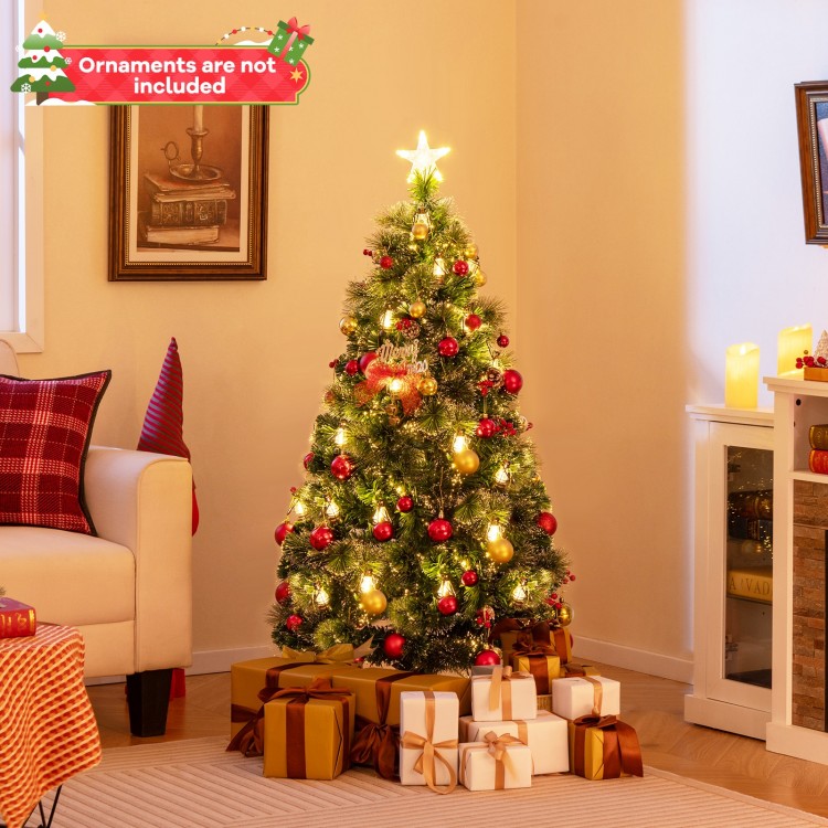 5 feet artificial Christmas tree with red berries and kerosene lamps, featuring warm white LED lights and a star topper.