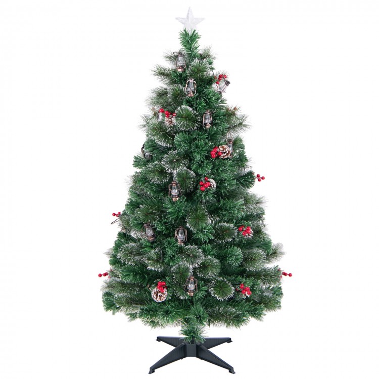 5 feet artificial Christmas tree with red berries, kerosene lamps, and snowy pine needles for festive holiday decor.