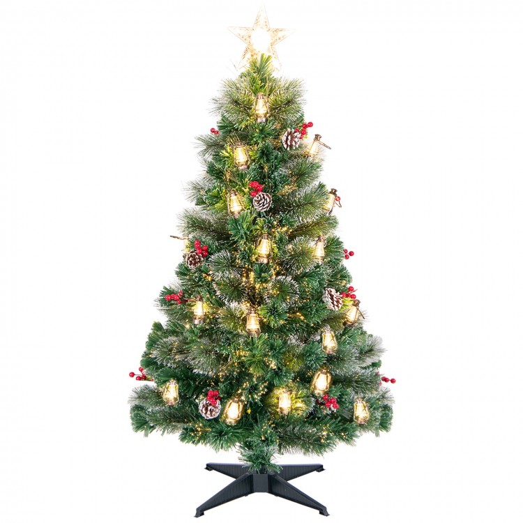 5 feet artificial Christmas tree with red berries, kerosene lamps, and warm white LED lights for festive decoration.