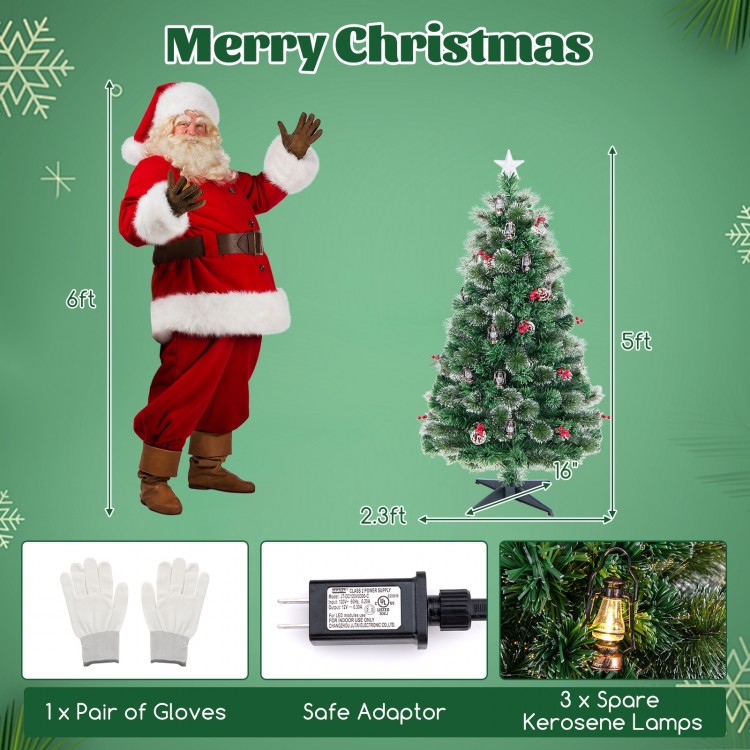 5-foot artificial Christmas tree with red berries, snowy pine needles, and included kerosene lamps for festive decor.