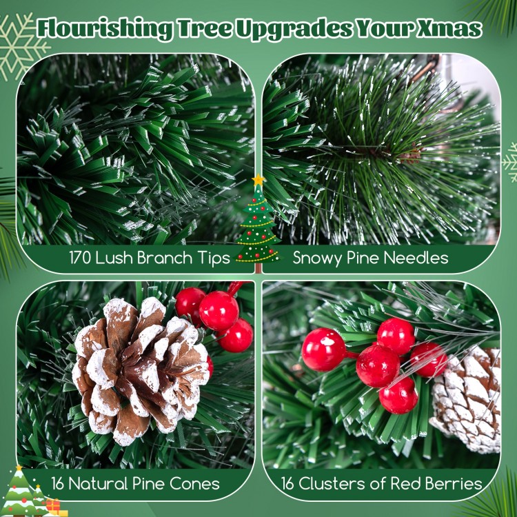 5-foot artificial Christmas tree featuring red berries, snowy pine needles, and natural pine cones for festive decor.