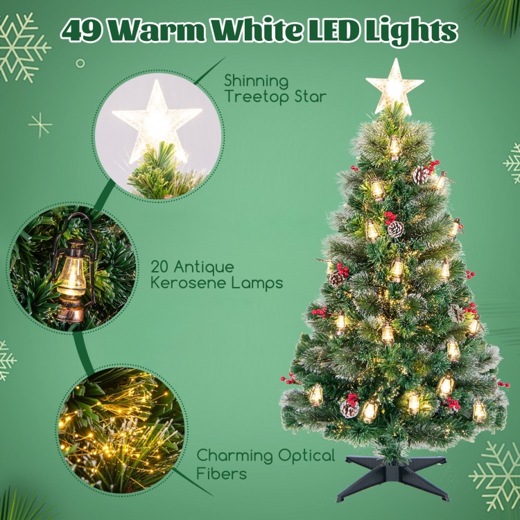 5 feet artificial Christmas tree with red berries, kerosene lamps, and 49 warm white LED lights for festive decoration.