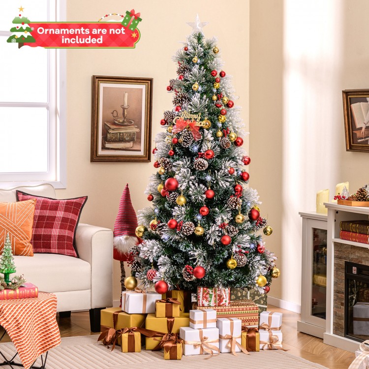 7 FT flocked Christmas tree with 270 branch tips, 76 LED lights, and 8 lighting modes for festive holiday decor.