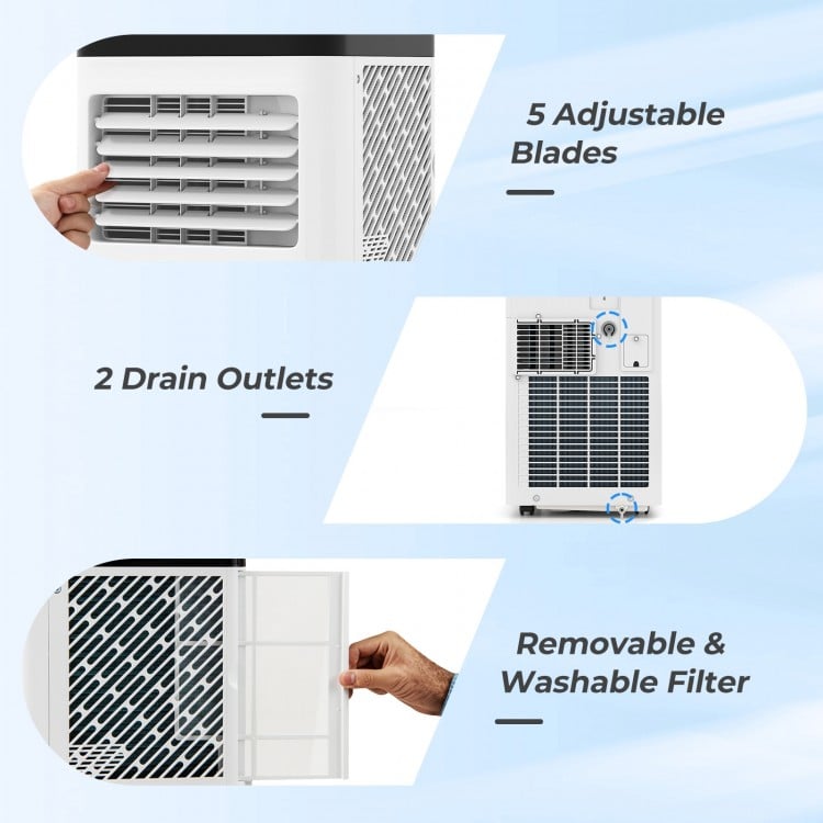 Adjustable fan blades and removable filter of the 8000 BTU Portable Air Conditioner for efficient cooling and easy.