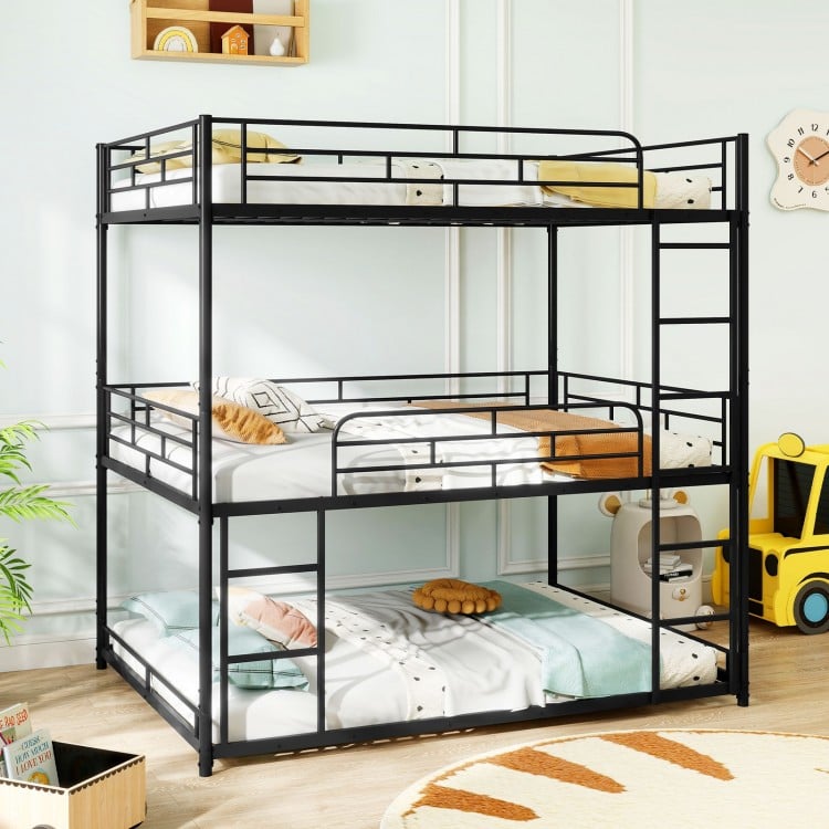 Metal triple bunk bed in black with safety guardrails and two ladders, ideal for space-saving in smaller rooms.