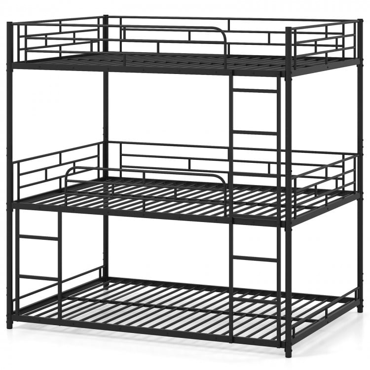 Metal triple bunk bed in black with safety guardrails, two ladders, and space-saving design for small rooms.