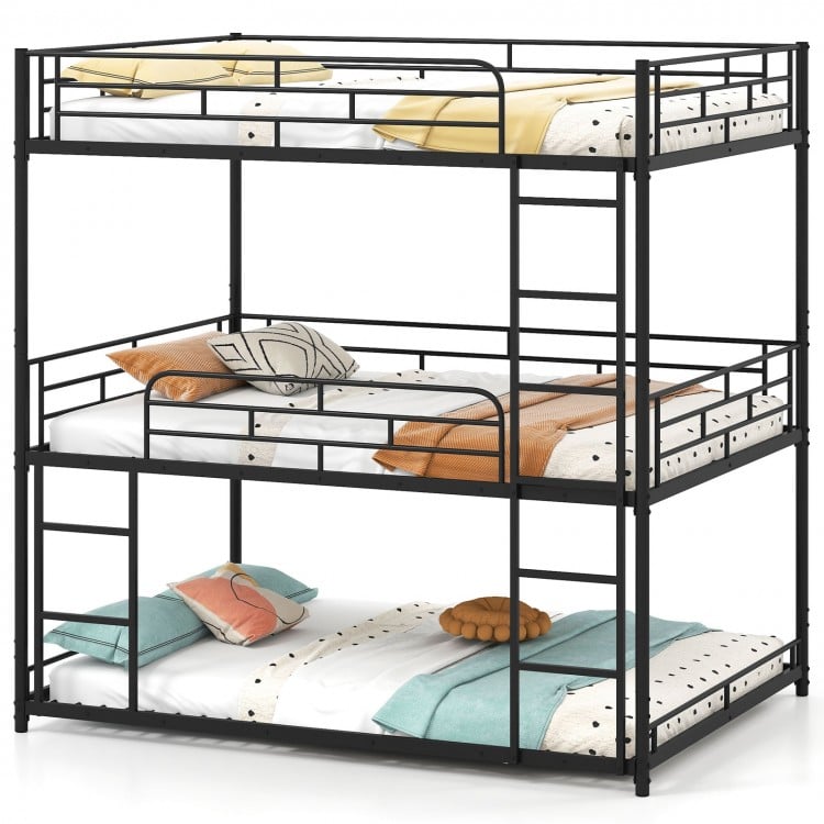 Metal triple bunk bed in black featuring a low frame and two integrated ladders, designed for easy access in smaller.