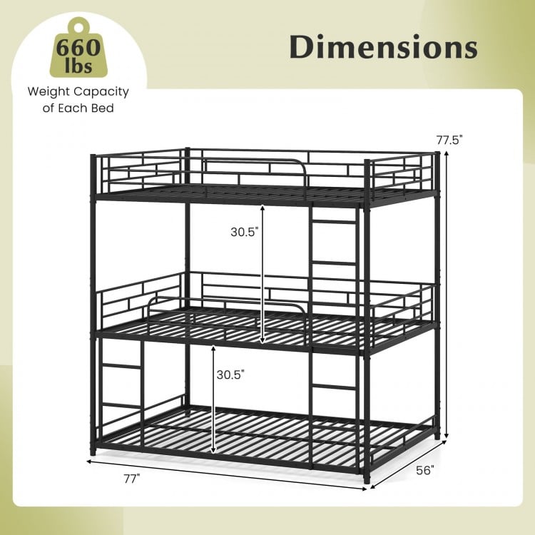 Metal triple bunk bed in black with safety guardrails, dimensions 77” x 56”, designed for space-saving in small rooms.