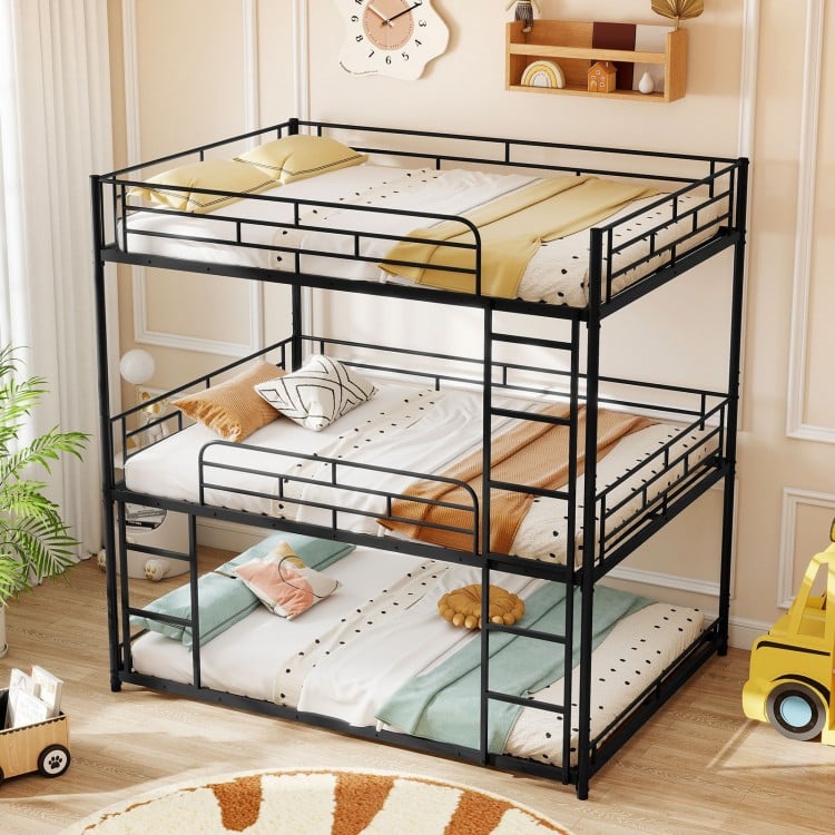 Metal triple bunk bed in black with powder-coated slats and anti-topping kits, designed for safety and stability in.