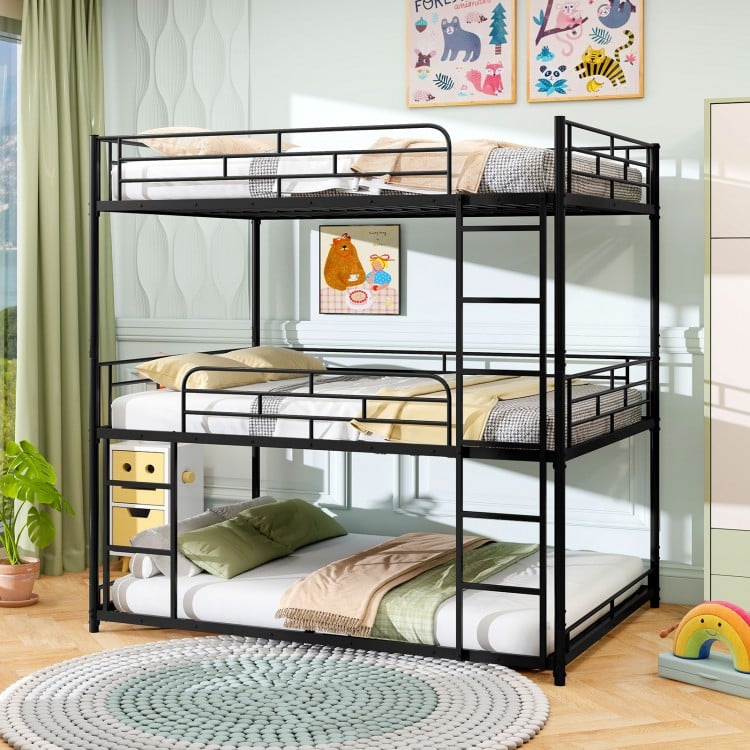 Metal triple bunk bed in black with safety guardrails and two ladders, perfect for space-saving in small rooms.