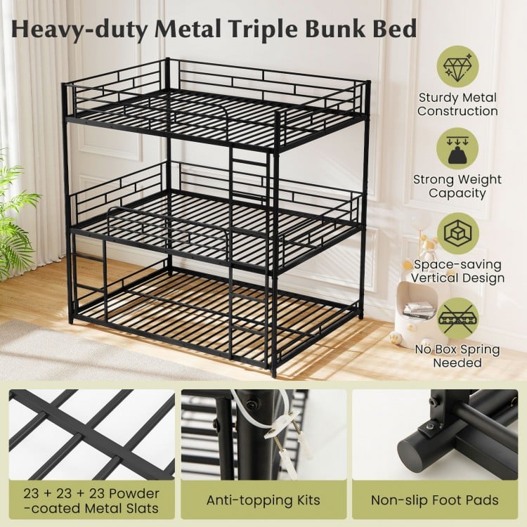 Metal triple bunk bed in black with safety guardrails, two ladders, and space-saving vertical design for small rooms.