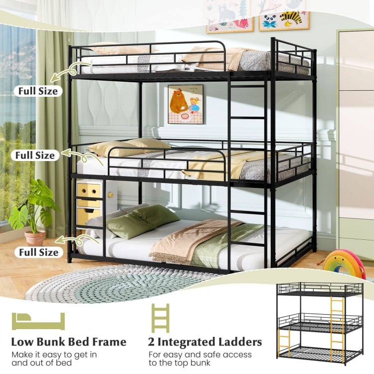 Metal triple bunk bed in black with non-slip foot pads and safety guardrails, perfect for secure and stable sleeping.