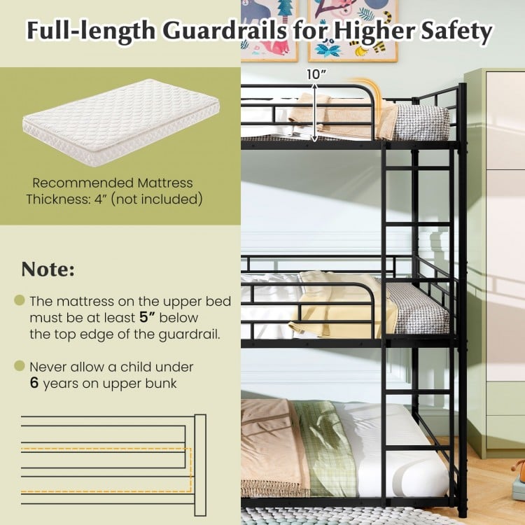 Metal triple bunk bed in black with full-length guardrails and two ladders, ideal for space-saving in small rooms.