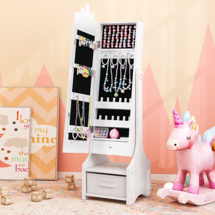 Kids jewelry cabinet with full-length mirror, white finish, featuring storage compartments and adjustable tilt angles.