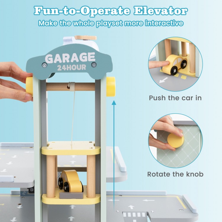 Interactive parking garage playset with operational elevator, 4 colorful cars, and helicopter for imaginative play.