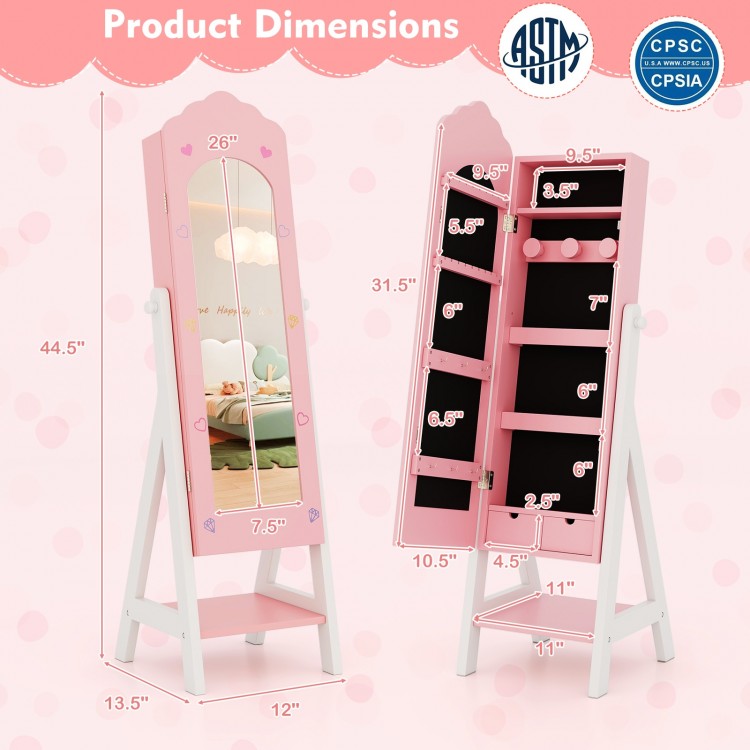 Kids jewelry organizer in pink with full-length mirror, storage drawers, and shelves for stylish room decor.