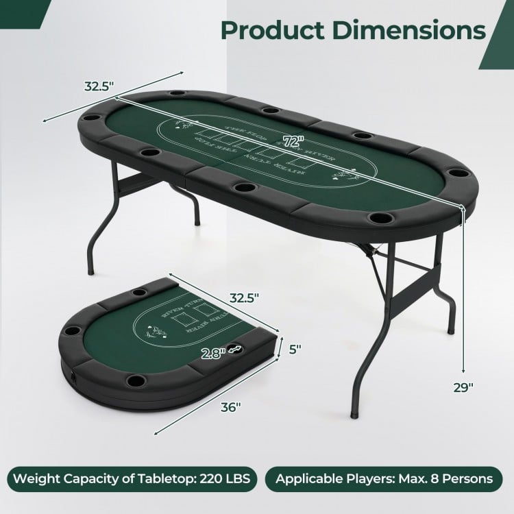 72-inch foldable poker table with green felt surface, designed for 8 players, featuring padded railings and cup holders.