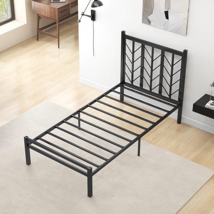 Twin size platform bed with a unique branch headboard and sturdy metal frame, perfect for stylish bedroom decor.