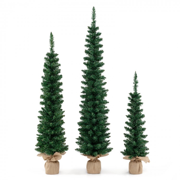 Set of 3 pre-lit artificial Christmas trees with green branch tips, featuring cement bases for stability and warm white.