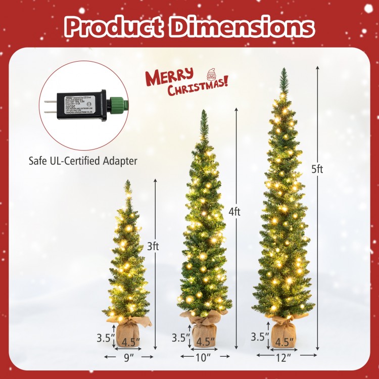 Set of 3 pre-lit artificial Christmas trees in varying heights with warm white LED lights, perfect for festive decor.