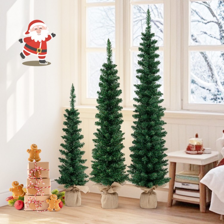 Set of 3 pre-lit artificial Christmas trees with 415 green branch tips, perfect for festive decoration in small spaces.