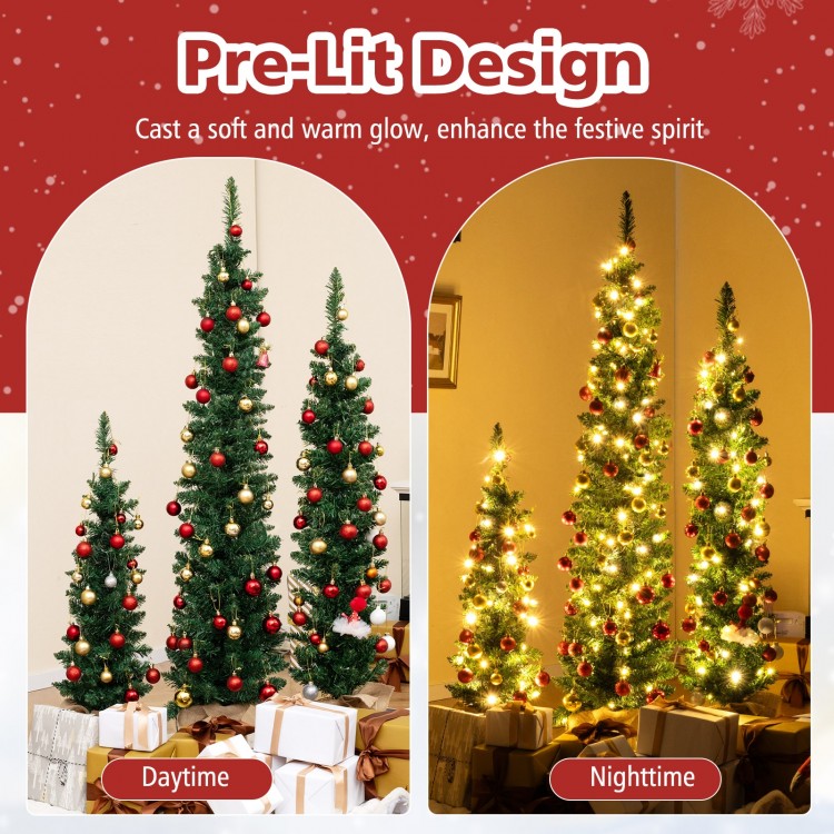 Set of 3 pre-lit artificial Christmas trees with warm white LED lights, showcasing vibrant branch tips for festive.