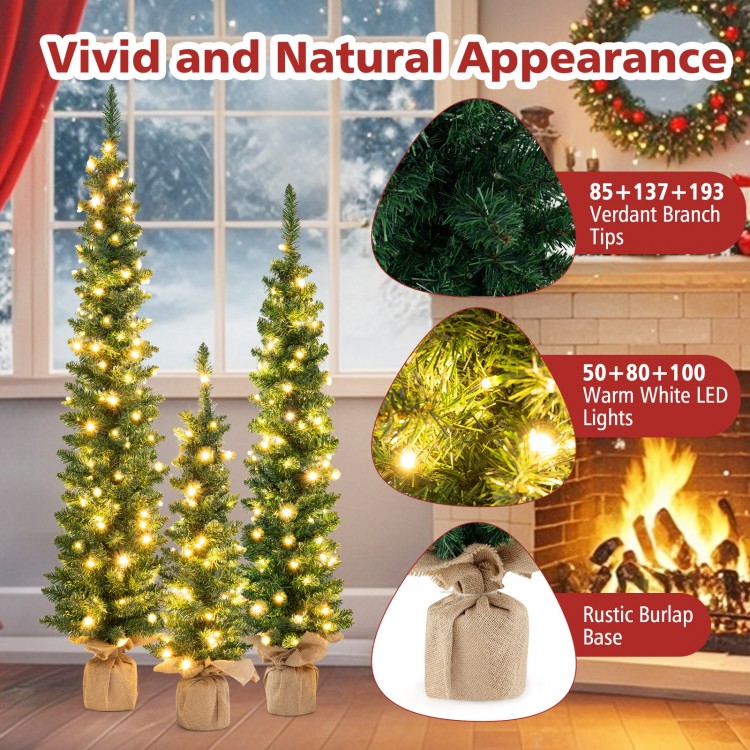 Set of 3 pre-lit artificial Christmas trees with 415 green branch tips, featuring warm white LED lights and rustic.