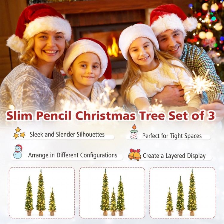 Set of 3 pre-lit artificial Christmas trees with warm white LED lights, perfect for tight spaces and festive displays.