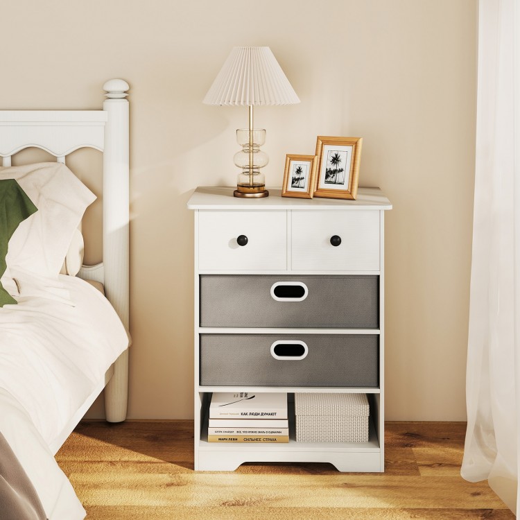 Modern 4-drawer dresser in white with open shelves, featuring removable drawers and a spacious tabletop for versatile.