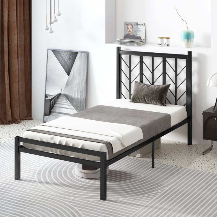 Twin size platform bed showcasing a sleek metal frame design with anti-slip foot pads for floor protection and.