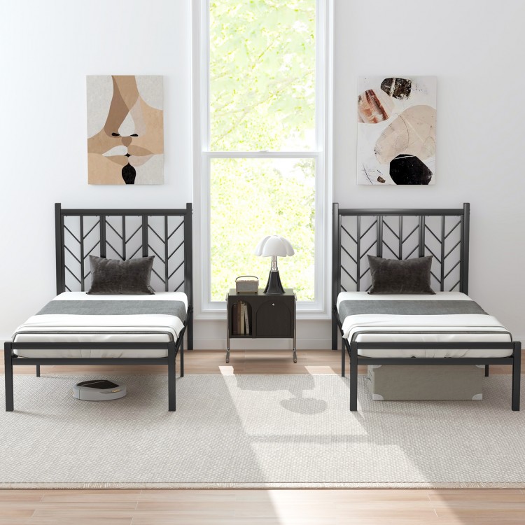 Twin size platform bed with branch design headboard and sturdy metal frame, perfect for stylish bedroom decor.