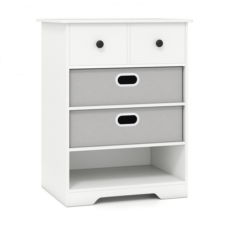 Modern white 4-drawer dresser with open shelf, removable fabric drawers, and smooth metal slides for versatile storage.