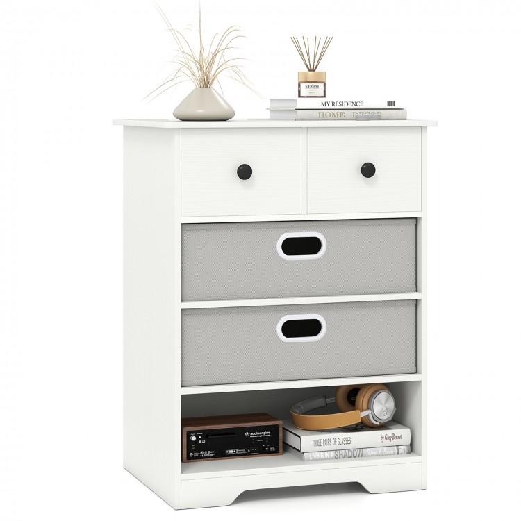 Modern white 4-drawer dresser with open shelves, featuring removable fabric drawers and a spacious tabletop for.
